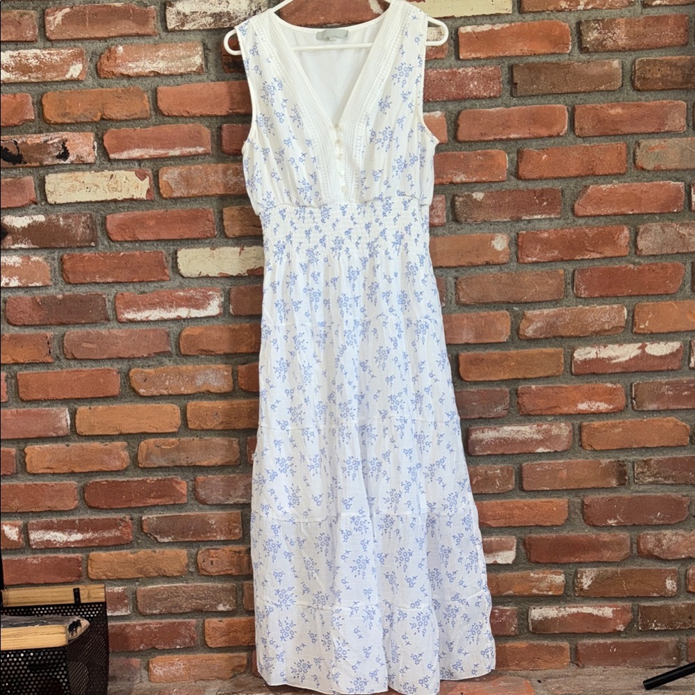 Elegant Floral Maxi Dress - White and Blue